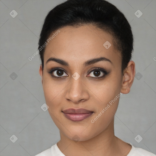 Joyful latino young-adult female with short  black hair and brown eyes