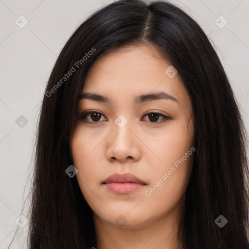 Neutral asian young-adult female with long  black hair and brown eyes