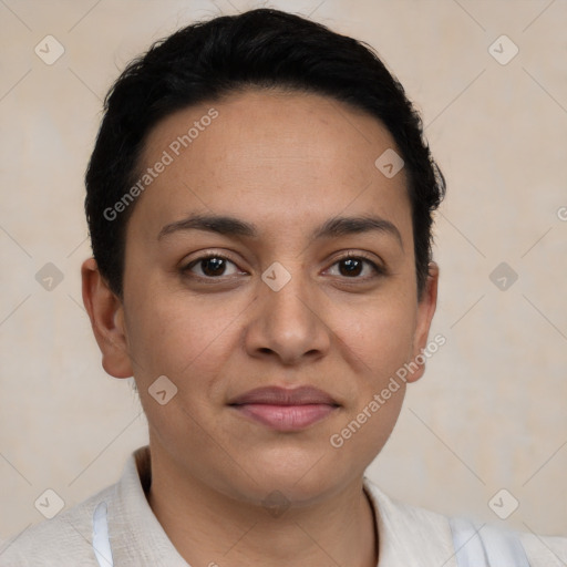 Joyful latino young-adult female with short  brown hair and brown eyes