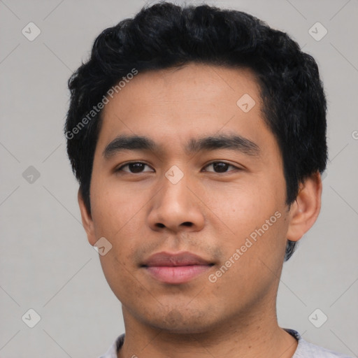 Neutral asian young-adult male with short  black hair and brown eyes