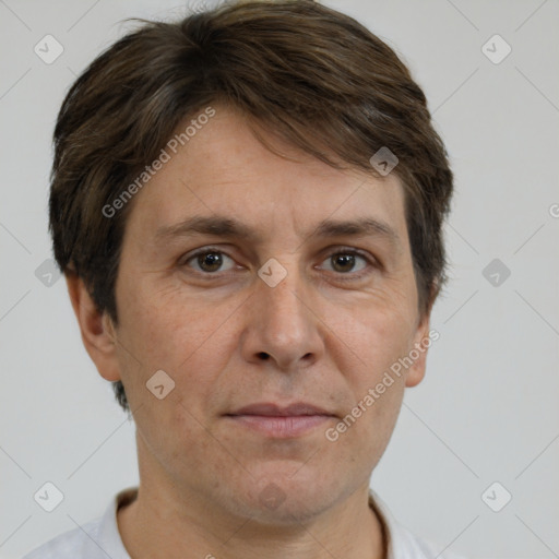 Neutral white adult male with short  brown hair and brown eyes