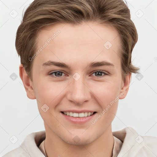 Joyful white young-adult female with short  brown hair and grey eyes