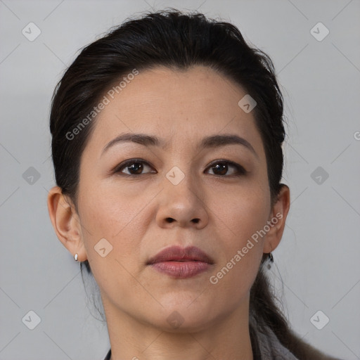 Neutral white adult female with medium  brown hair and brown eyes