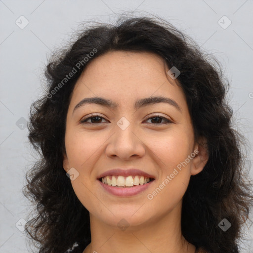 Joyful asian young-adult female with long  brown hair and brown eyes