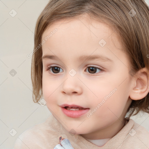 Joyful white child female with medium  brown hair and brown eyes