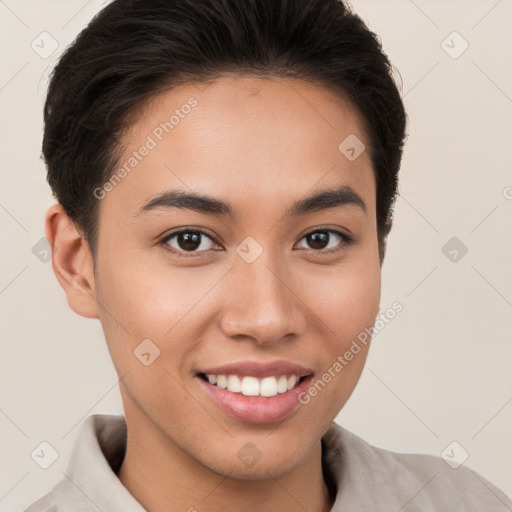 Joyful white young-adult female with short  brown hair and brown eyes