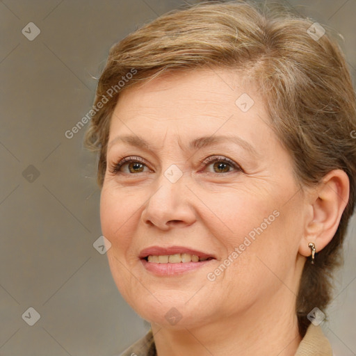 Joyful white adult female with medium  brown hair and brown eyes