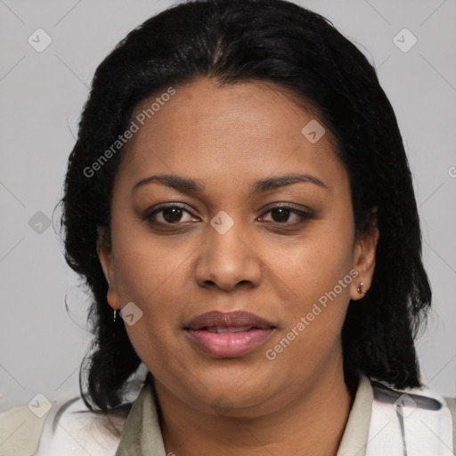 Joyful black young-adult female with medium  black hair and brown eyes