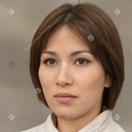 Neutral white young-adult female with medium  brown hair and brown eyes