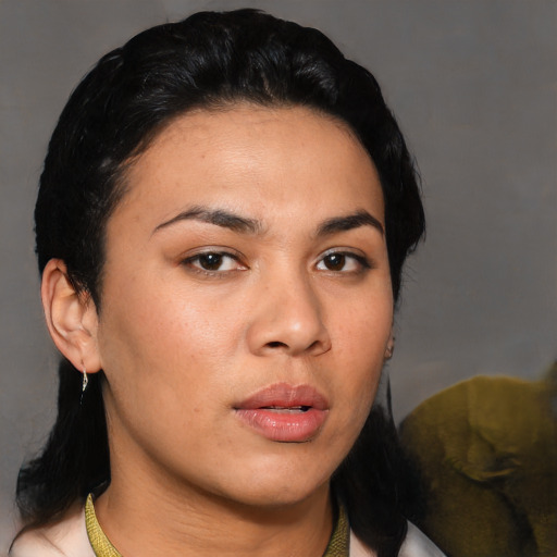 Neutral latino young-adult female with short  black hair and brown eyes