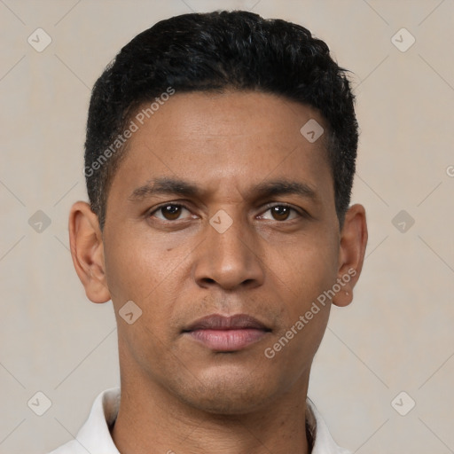 Neutral latino young-adult male with short  black hair and brown eyes