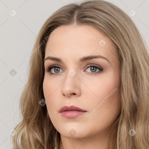 Neutral white young-adult female with long  brown hair and grey eyes