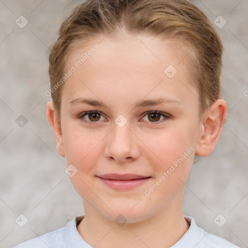 Joyful white child female with short  brown hair and brown eyes