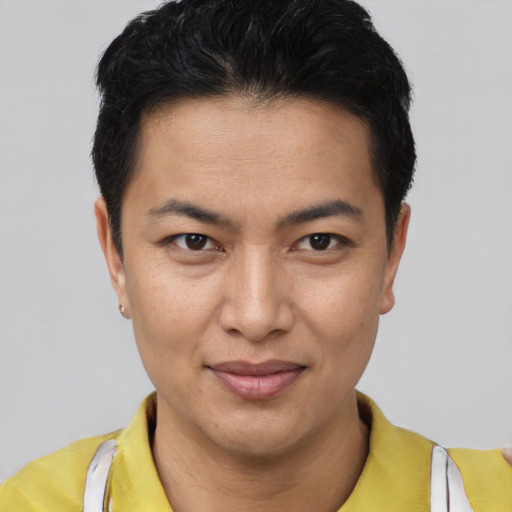 Joyful latino young-adult male with short  brown hair and brown eyes