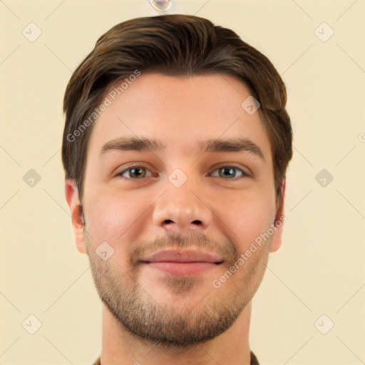 Neutral white young-adult male with short  brown hair and brown eyes