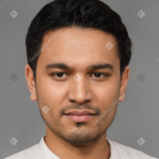 Neutral latino young-adult male with short  black hair and brown eyes