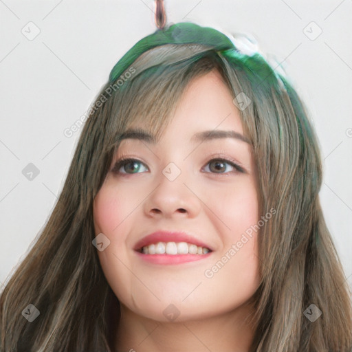 Joyful white young-adult female with long  brown hair and blue eyes