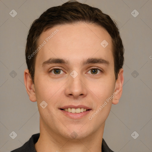 Joyful white young-adult male with short  brown hair and brown eyes