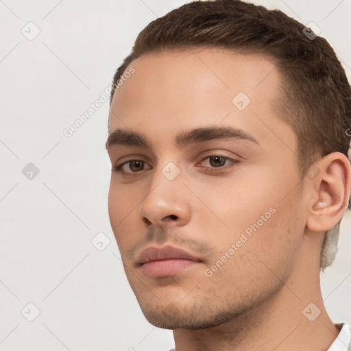 Neutral white young-adult male with short  brown hair and brown eyes