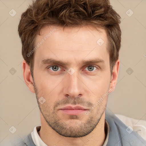 Neutral white young-adult male with short  brown hair and grey eyes