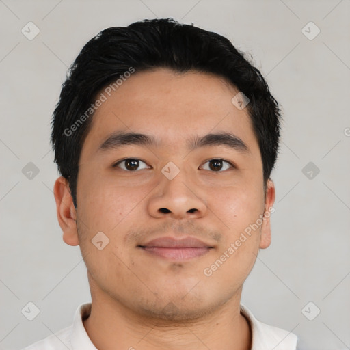 Neutral asian young-adult male with short  black hair and brown eyes