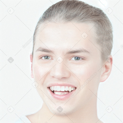 Joyful white young-adult male with short  brown hair and blue eyes