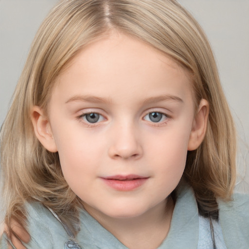 Neutral white child female with medium  brown hair and blue eyes