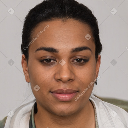 Joyful latino young-adult female with short  brown hair and brown eyes