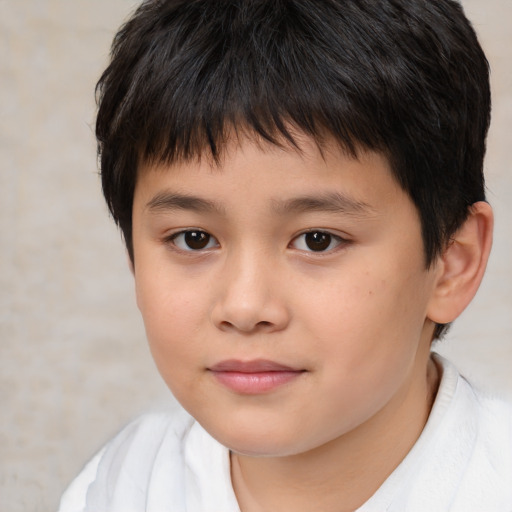 Joyful asian child male with short  brown hair and brown eyes