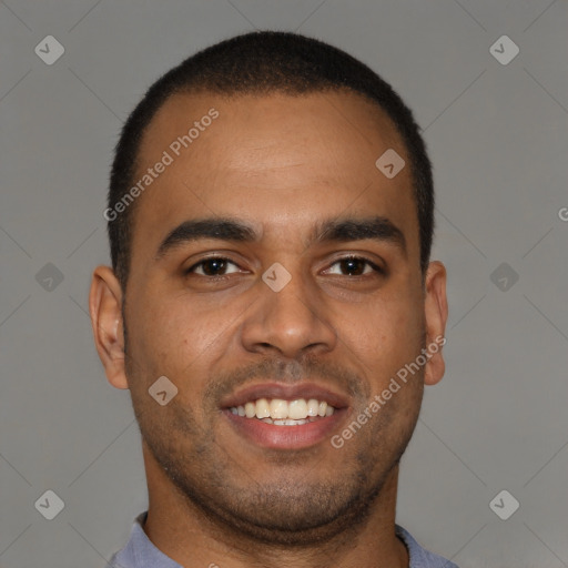 Joyful latino young-adult male with short  brown hair and brown eyes