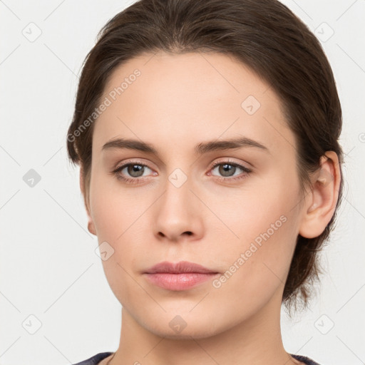 Neutral white young-adult female with medium  brown hair and grey eyes