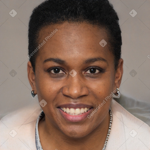 Joyful black young-adult female with short  brown hair and brown eyes