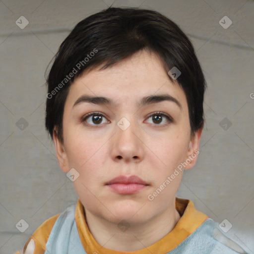 Neutral white young-adult female with short  brown hair and brown eyes