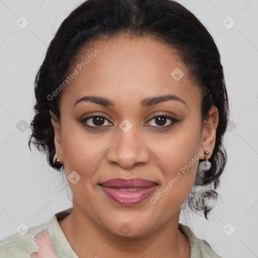 Joyful latino young-adult female with medium  brown hair and brown eyes