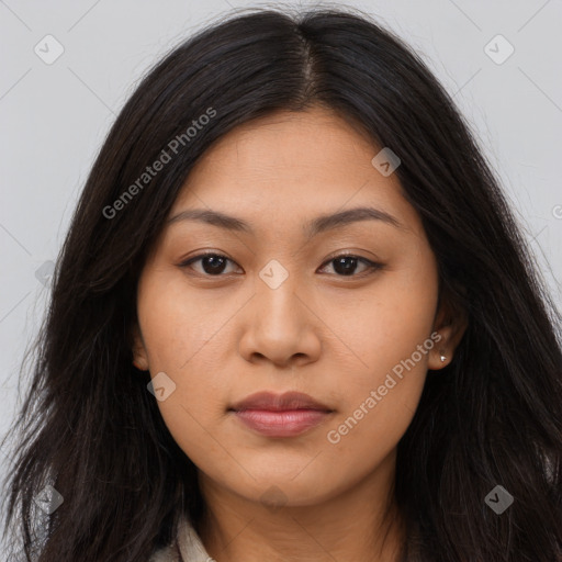 Neutral asian young-adult female with long  brown hair and brown eyes