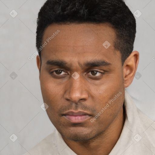 Neutral black young-adult male with short  black hair and brown eyes