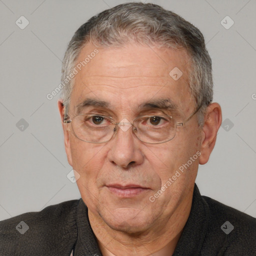 Joyful white middle-aged male with short  brown hair and brown eyes