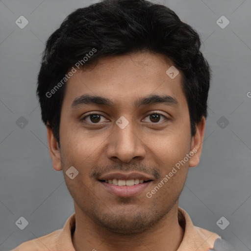 Joyful latino young-adult male with short  black hair and brown eyes
