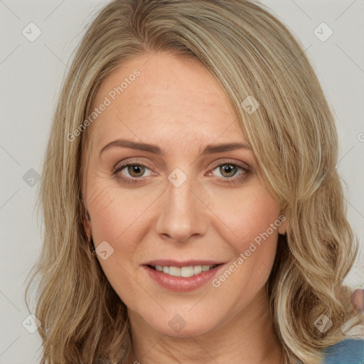 Joyful white young-adult female with medium  brown hair and blue eyes