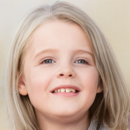 Joyful white child female with medium  brown hair and blue eyes