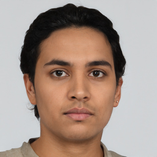 Neutral asian young-adult male with short  black hair and brown eyes