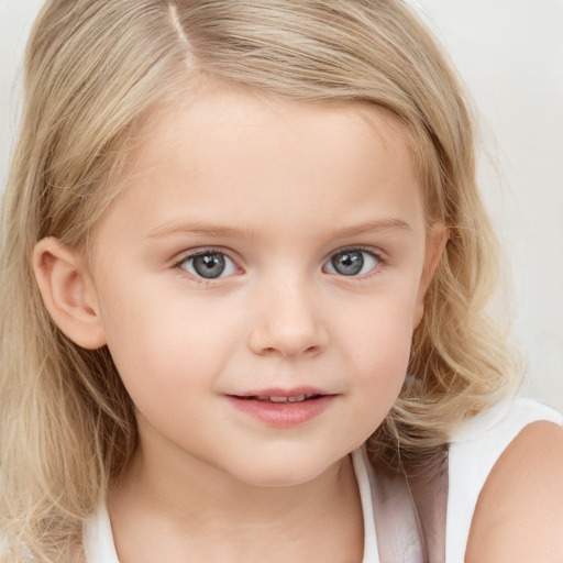 Joyful white child female with long  blond hair and blue eyes