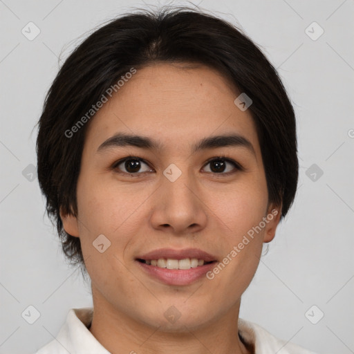 Joyful asian young-adult female with short  brown hair and brown eyes