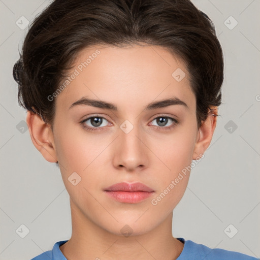 Neutral white young-adult female with short  brown hair and brown eyes