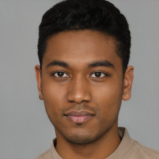 Neutral black young-adult male with short  black hair and brown eyes