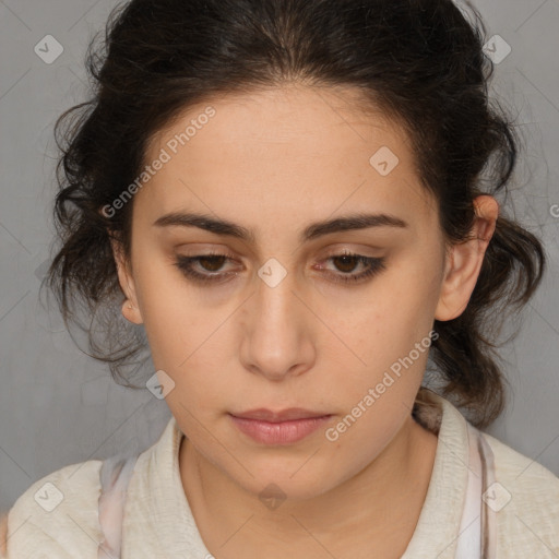 Neutral white young-adult female with medium  brown hair and brown eyes