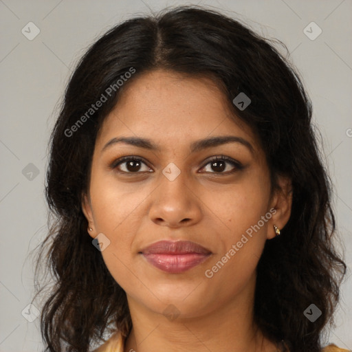 Joyful black young-adult female with medium  brown hair and brown eyes