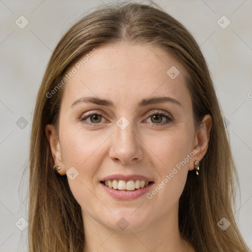 Joyful white young-adult female with long  brown hair and grey eyes