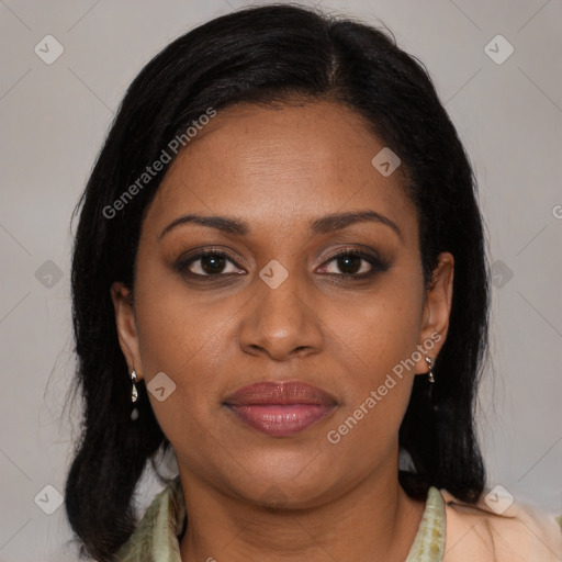Joyful latino young-adult female with medium  brown hair and brown eyes