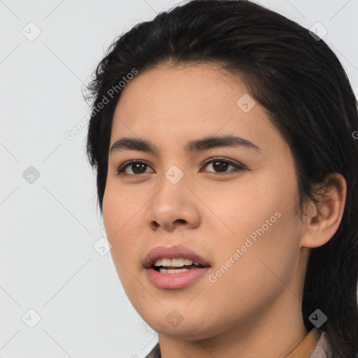 Joyful asian young-adult female with medium  black hair and brown eyes